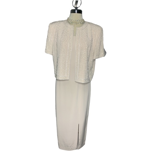 Montage Collection Luxury Beige Beaded Embellished Formal Dress & Jacket S 14 - Picture 5 of 17